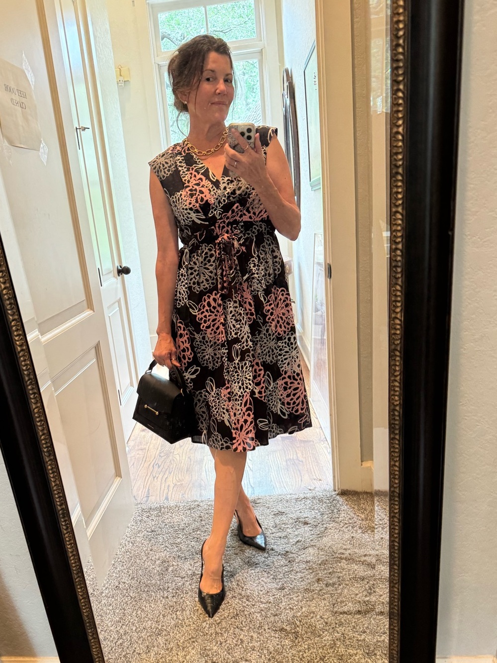 Garnet Hill Black Midi Wrap Dress w/ Pink & White Floral Print Sz 6 100% cotton